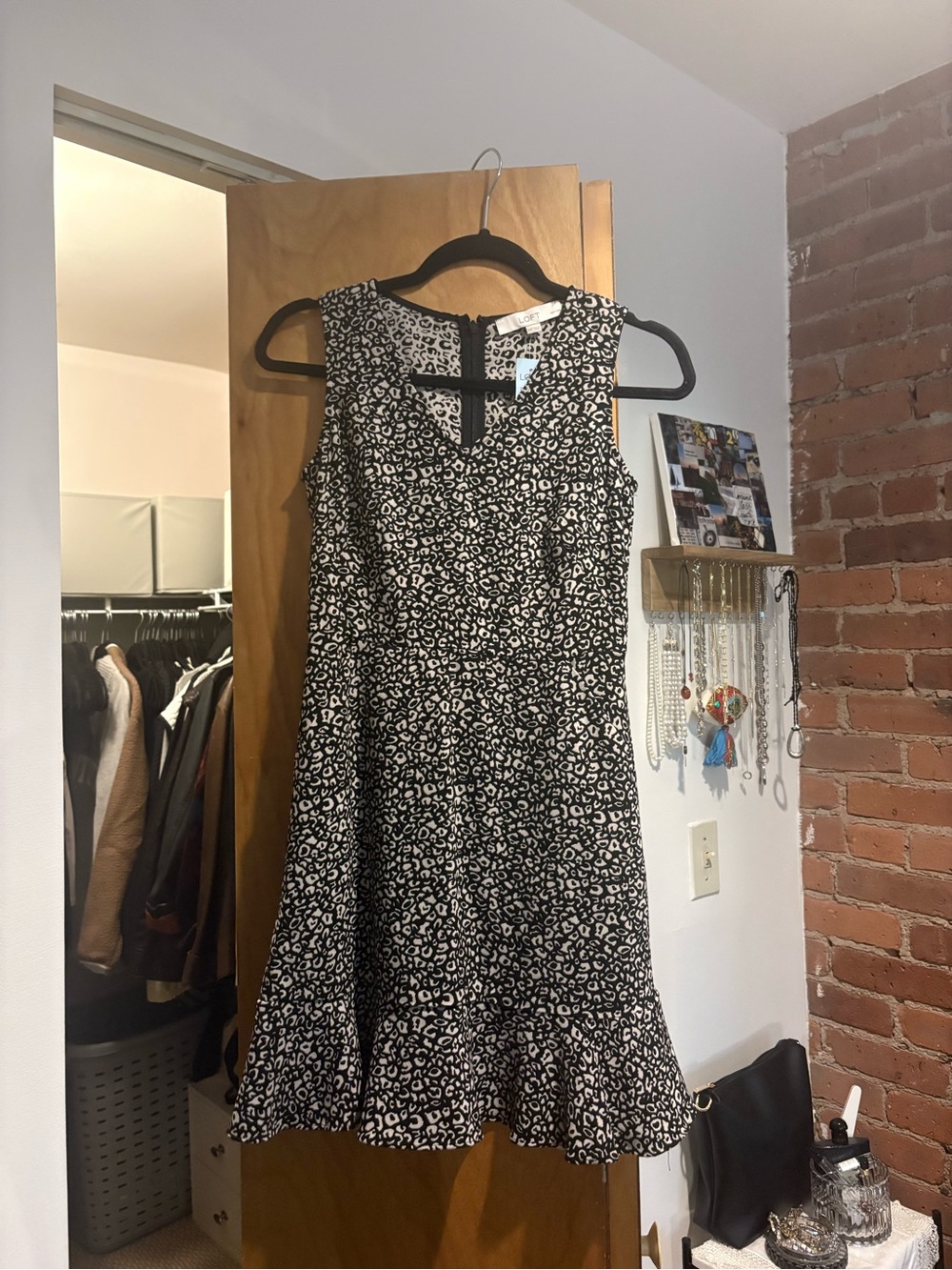 LOFT Black and White Leopard-Print Sleeveless Fit-&-Flare Dress